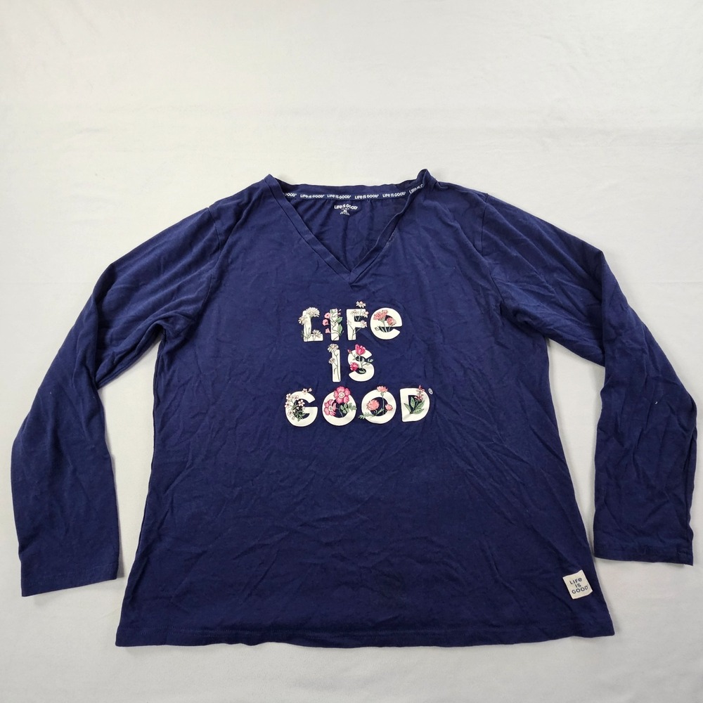 Life is Good Sleep Flowers Blue Long Sleeve V-Neck Sleepshirt Women's XL